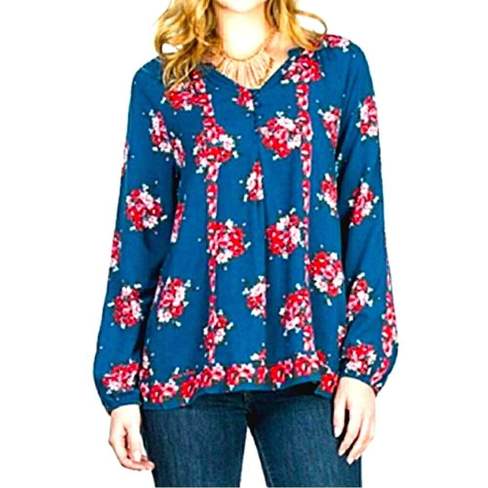 Matilda Jane Floral Button Front Flowy Boho Balloon Sleeve Blouse Size Large